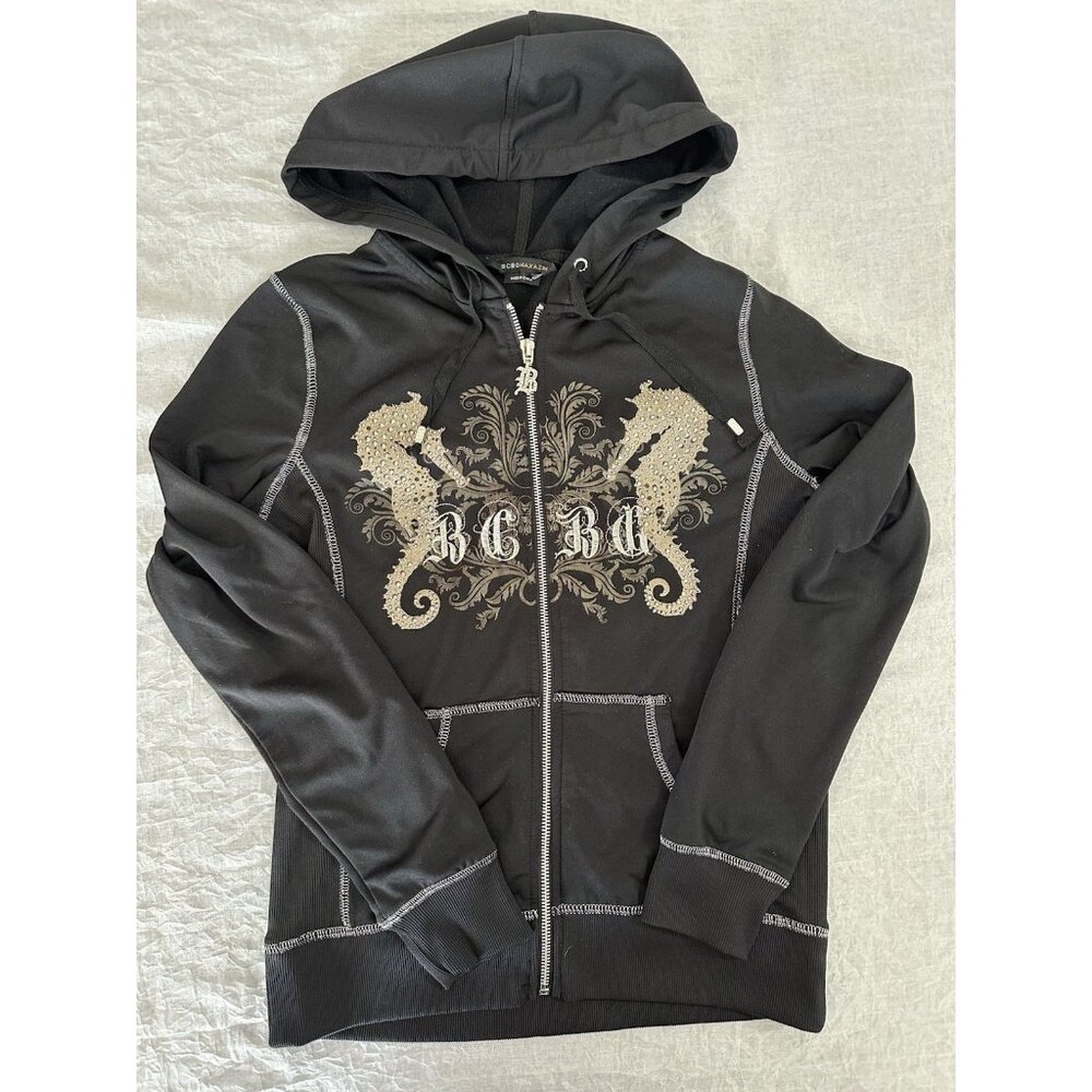 BCBG Maxazria Women's Size Small S Sweatshirt Full Zip Black Hoodie Long Sleeve